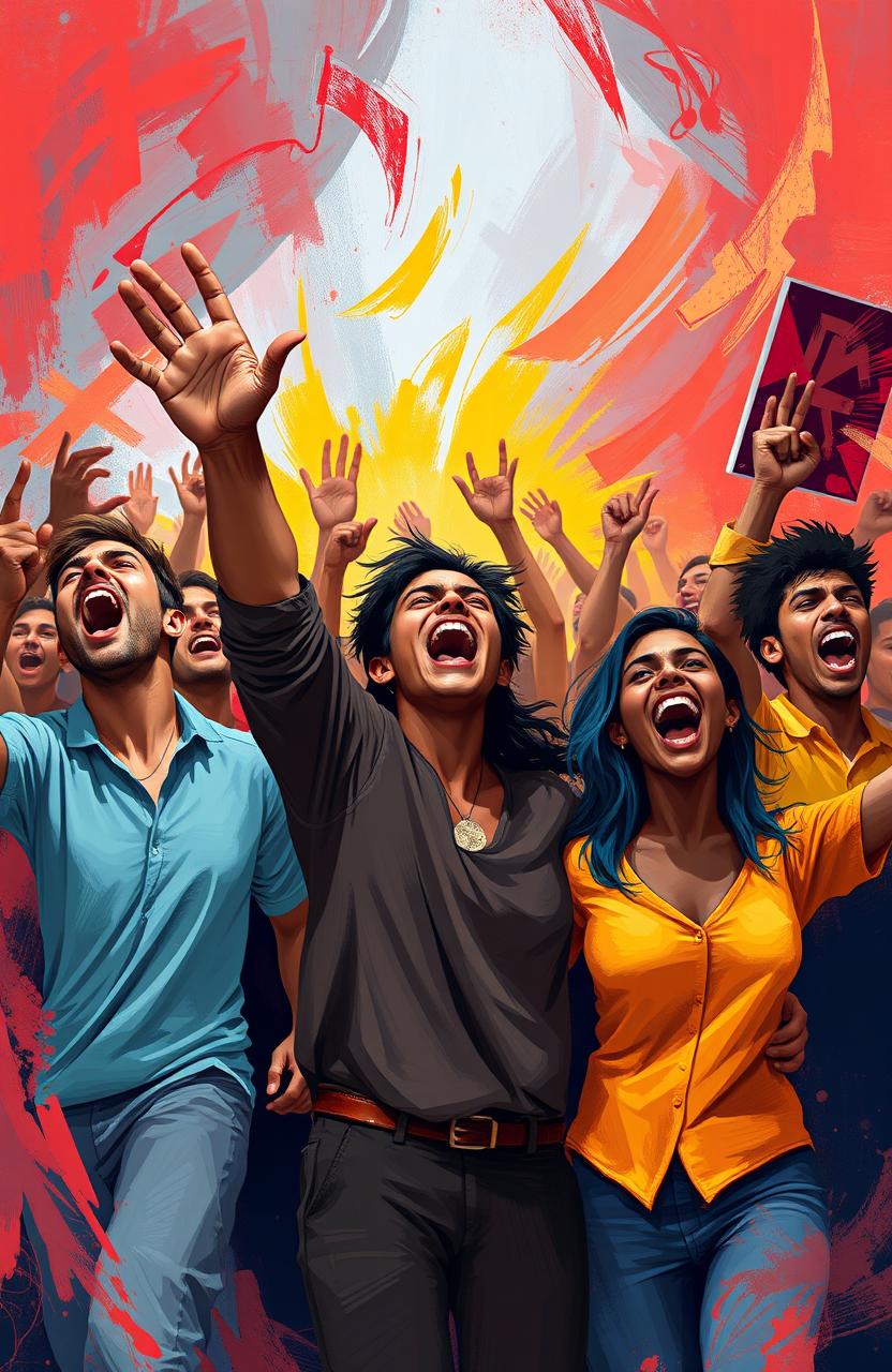 A vibrant digital painting of an abstract scene depicting a diverse group of people passionately protesting