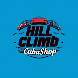 A striking logo set against a bright blue background, featuring the text 'Hill Climb CubaShop' in bold, attention-grabbing typography