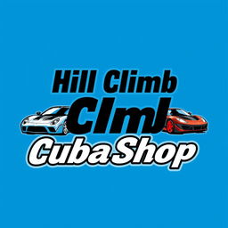 A striking logo set against a bright blue background, featuring the text 'Hill Climb CubaShop' in bold, attention-grabbing typography