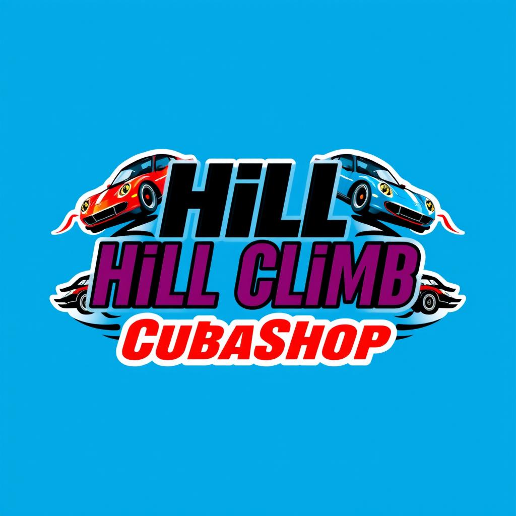 A striking logo set against a bright blue background, featuring the text 'Hill Climb CubaShop' in bold, attention-grabbing typography