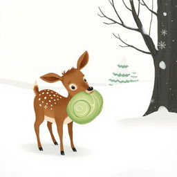 In a snowy landscape, a small brown deer holds a cabbage in its mouth, surrounded by softly falling snowflakes and a serene winter scene
