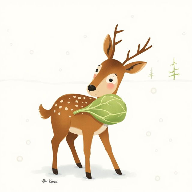 In a snowy landscape, a small brown deer holds a cabbage in its mouth, surrounded by softly falling snowflakes and a serene winter scene