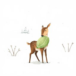 In a snowy landscape, a small brown deer holds a cabbage in its mouth, surrounded by softly falling snowflakes and a serene winter scene