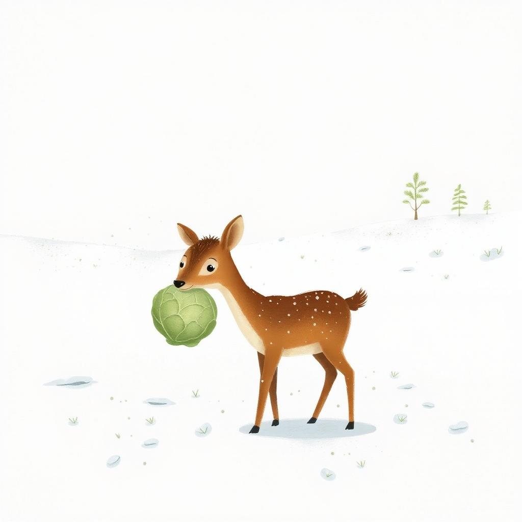 In a snowy landscape, a small brown deer holds a cabbage in its mouth, surrounded by softly falling snowflakes and a serene winter scene