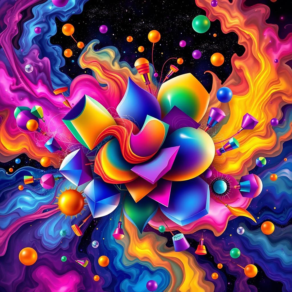 A vibrant and colorful explosion of abstract shapes and forms, swirling together to create a mesmerizing pattern