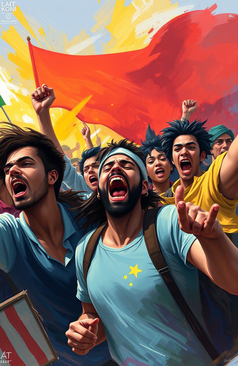 A vibrant digital painting capturing a dynamic scene of diverse people protesting passionately