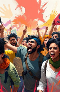 A vibrant digital painting capturing a dynamic scene of diverse people protesting passionately