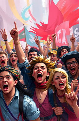 A vibrant digital painting capturing a dynamic scene of diverse people protesting passionately