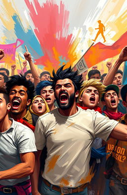 A vibrant digital painting capturing a dynamic scene of diverse people protesting passionately