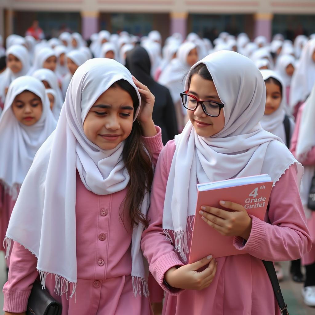 Two kind Iranian girls wearing white scarves and pink school uniforms are walking in a busy schoolyard