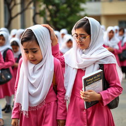 Two kind Iranian girls wearing white scarves and pink school uniforms are walking in a busy schoolyard