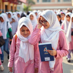 Two kind Iranian girls wearing white scarves and pink school uniforms are walking in a busy schoolyard