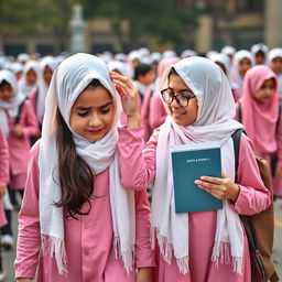 Two kind Iranian girls wearing white scarves and pink school uniforms are walking in a busy schoolyard