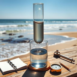 A detailed depiction of Torricelli's famous experiment showcasing a glass tube filled with mercury, inverted over a container of mercury, demonstrating atmospheric pressure