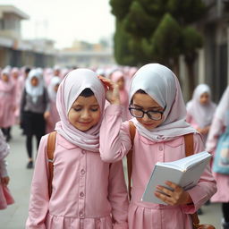 Two kind Iranian girls, both wearing white headscarves and pink school uniforms, walking in a busy schoolyard