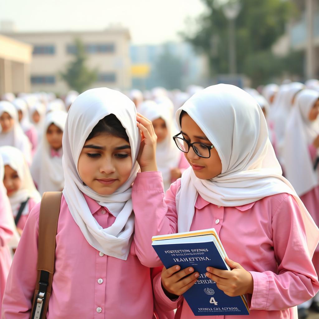 Two kind Iranian girls, both wearing white headscarves and pink school uniforms, walking in a busy schoolyard