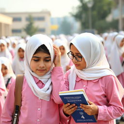 Two kind Iranian girls, both wearing white headscarves and pink school uniforms, walking in a busy schoolyard