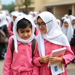 Two kind Iranian girls, both wearing white headscarves and pink school uniforms, walking in a busy schoolyard