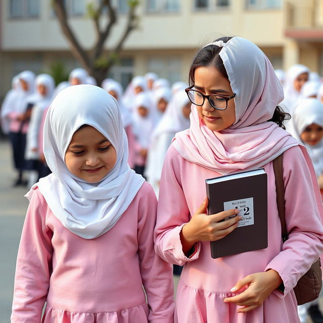 Two kind Iranian girls, both wearing white headscarves and pink school uniforms, walking in a busy schoolyard
