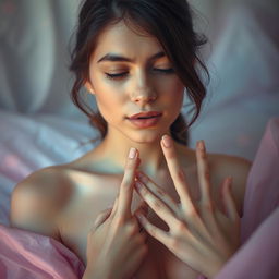 A close-up artistic representation of a female figure exploring her own body in a safe, consensual, and introspective manner