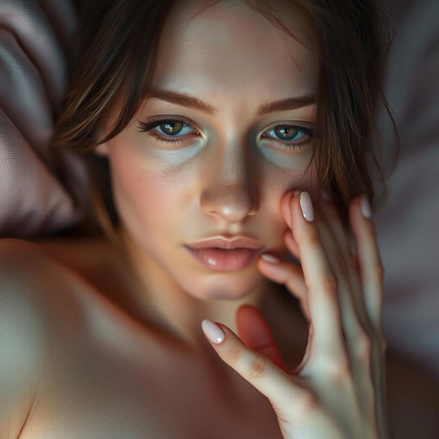A close-up artistic representation of a female figure exploring her own body in a safe, consensual, and introspective manner