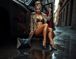 A seductive and suggestive fashion shoot featuring a sexy blonde model with her hair styled in a bun and striking blue eyes