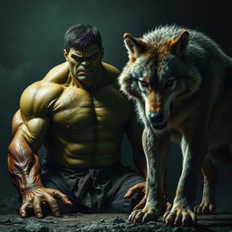 A dramatic scene featuring the Hulk, visibly weakened and on the verge of death, being confronted by an imposing wolf
