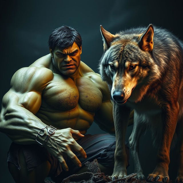A dramatic scene featuring the Hulk, visibly weakened and on the verge of death, being confronted by an imposing wolf
