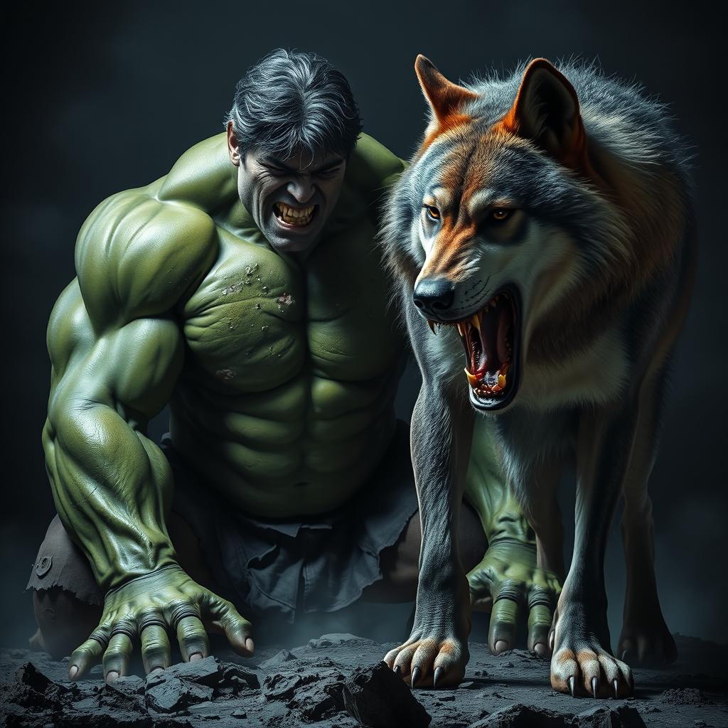 A dramatic scene featuring the Hulk, visibly weakened and on the verge of death, being confronted by an imposing wolf