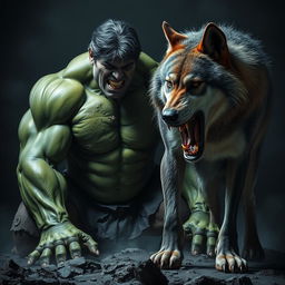 A dramatic scene featuring the Hulk, visibly weakened and on the verge of death, being confronted by an imposing wolf