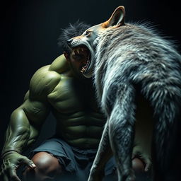 A dramatic scene featuring the Hulk, visibly weakened and on the verge of death, being confronted by an imposing wolf