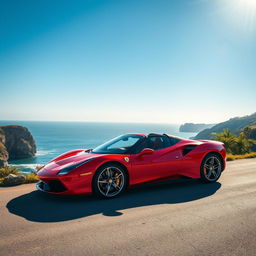 A vibrant red sports car parked on a scenic coastal road with a stunning ocean view in the background