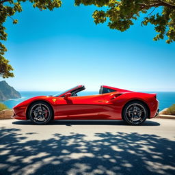 A vibrant red sports car parked on a scenic coastal road with a stunning ocean view in the background