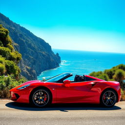 A vibrant red sports car parked on a scenic coastal road with a stunning ocean view in the background