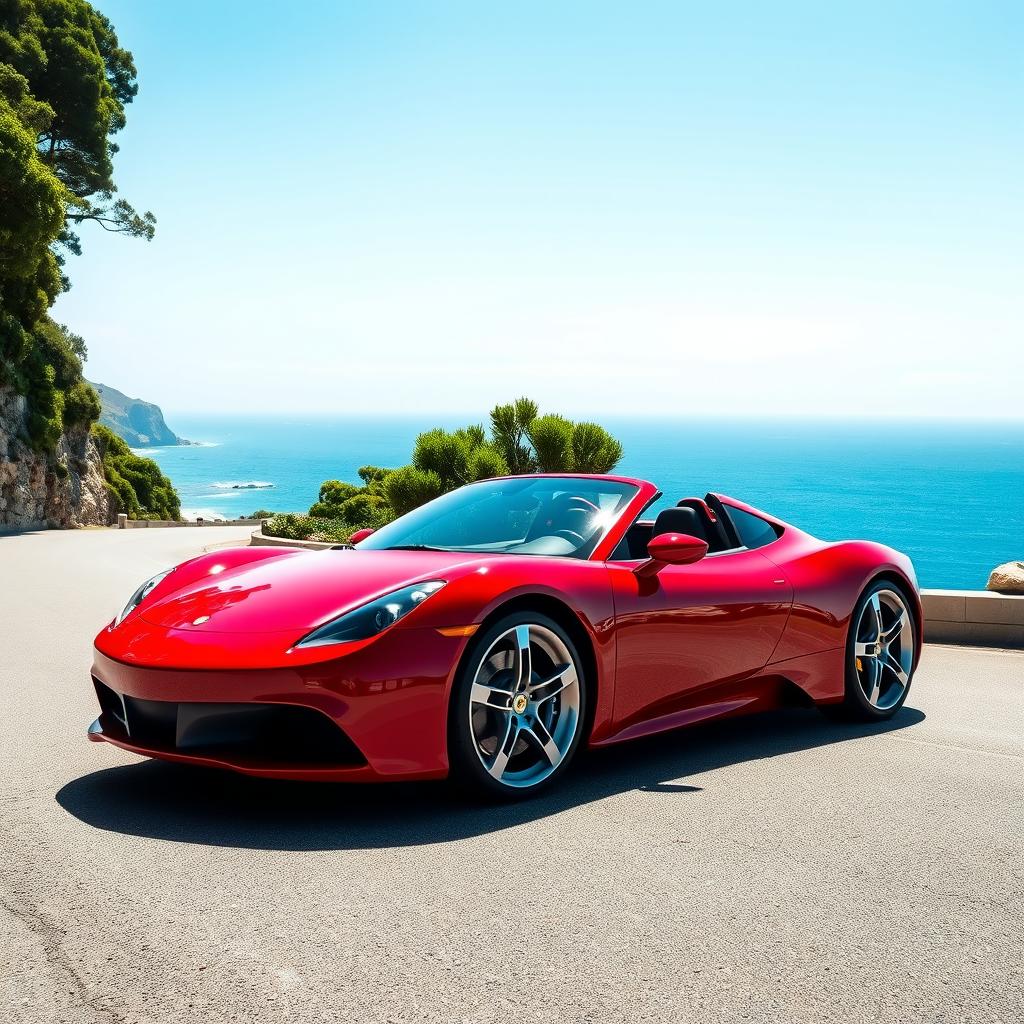 A vibrant red sports car parked on a scenic coastal road with a stunning ocean view in the background