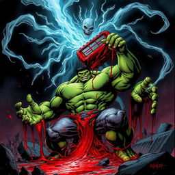 A dramatic scene featuring the Hulk in a powerful pose as he is being decapitated, with an intense flow of blood gushing out