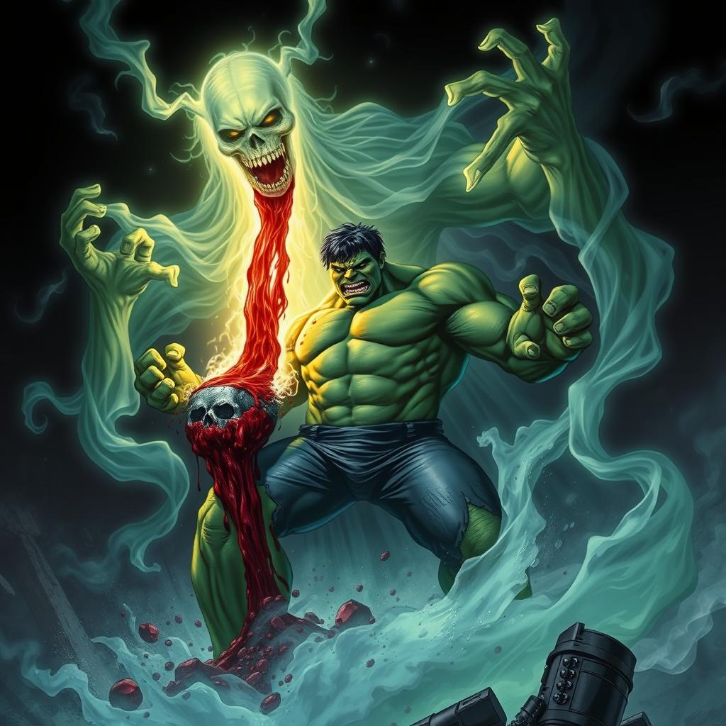 A dramatic scene featuring the Hulk in a powerful pose as he is being decapitated, with an intense flow of blood gushing out
