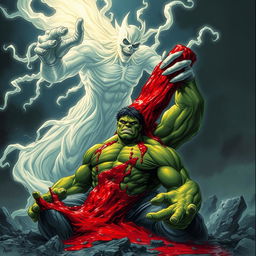 A dramatic scene featuring the Hulk in a powerful pose as he is being decapitated, with an intense flow of blood gushing out