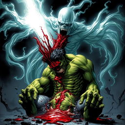 A dramatic scene featuring the Hulk in a powerful pose as he is being decapitated, with an intense flow of blood gushing out