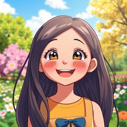 A girl with eyes shaped like smiles, showcasing a cheerful and joyful expression