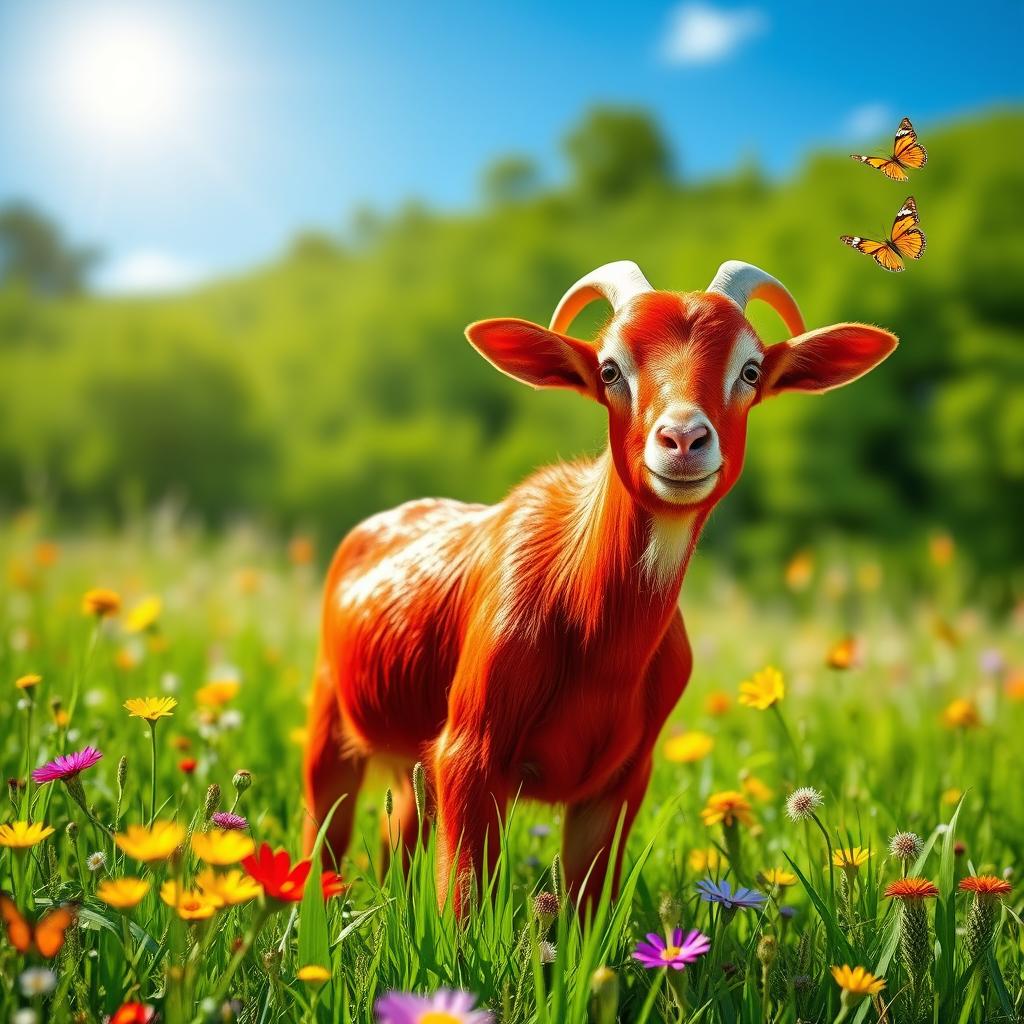 A vibrant red goat standing proudly in a lush green meadow under a bright blue sky