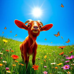 A vibrant red goat standing proudly in a lush green meadow under a bright blue sky