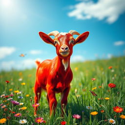 A vibrant red goat standing proudly in a lush green meadow under a bright blue sky