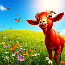 A vibrant red goat standing proudly in a lush green meadow under a bright blue sky