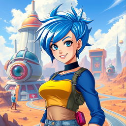 A realistic depiction of Bulma from the Dragon Ball series, showcasing her as a confident young woman with vibrant blue hair styled in a playful manner