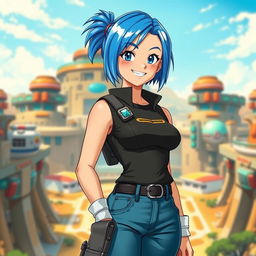 A realistic depiction of Bulma from the Dragon Ball series, showcasing her as a confident young woman with vibrant blue hair styled in a playful manner