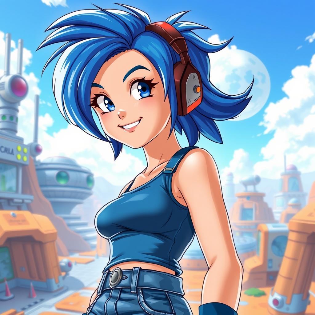 A realistic depiction of Bulma from the Dragon Ball series, showcasing her as a confident young woman with vibrant blue hair styled in a playful manner