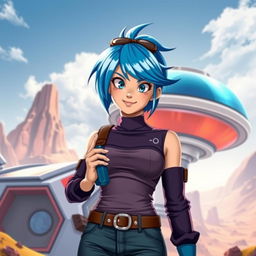 A realistic depiction of Bulma from the Dragon Ball series, showcasing her as a confident young woman with vibrant blue hair styled in a playful manner