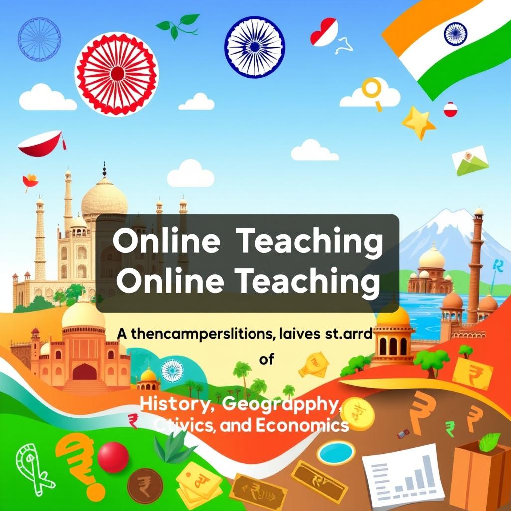 A visually appealing cover page for an online teaching program in India featuring a blend of History, Geography, Civics, and Economics