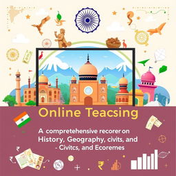 A visually appealing cover page for an online teaching program in India featuring a blend of History, Geography, Civics, and Economics